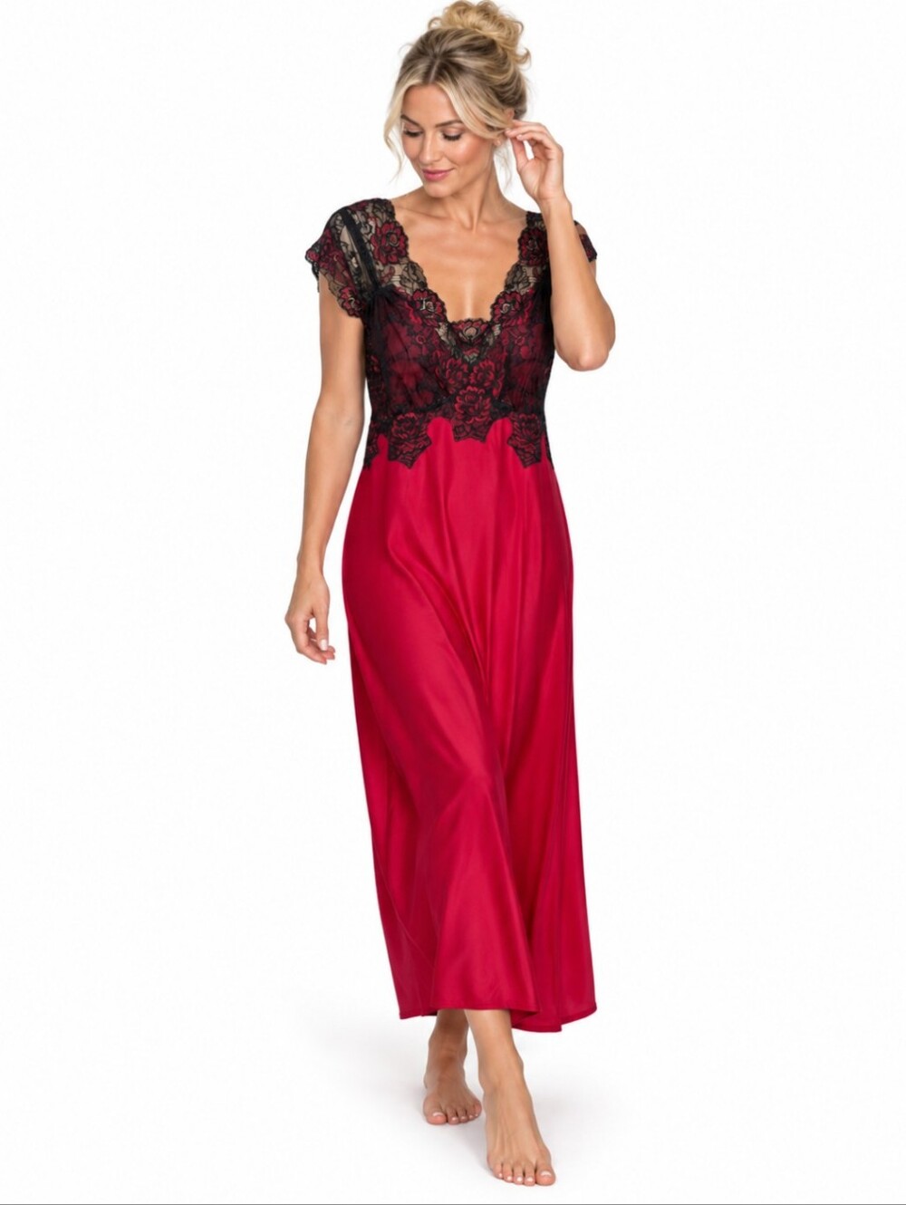 Romantic Red Long Chemise Nightgown Black Floral Lace Bodice Soft Feminine Sz XL